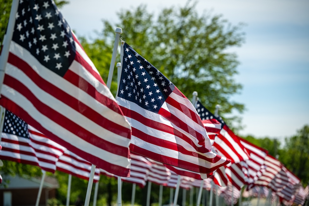A row of U.S. flags blow in the wind