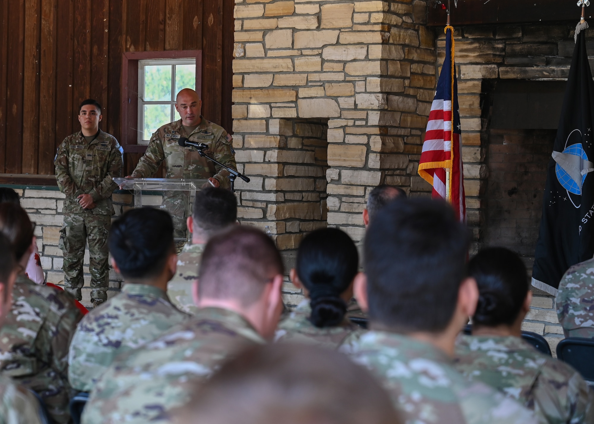 U.S. Space Force Lt. Col. Jacob Majewski, 65th Cyberspace Squadron commander, addresses attendees of the Delta 6, Detachment 4 activation ceremony at Vandenberg Space Force Base, Calif., May 29, 2025. Delta 6, Detachment 4 was activated to replace the former 65th Cyberspace Squadron at VSFB.
