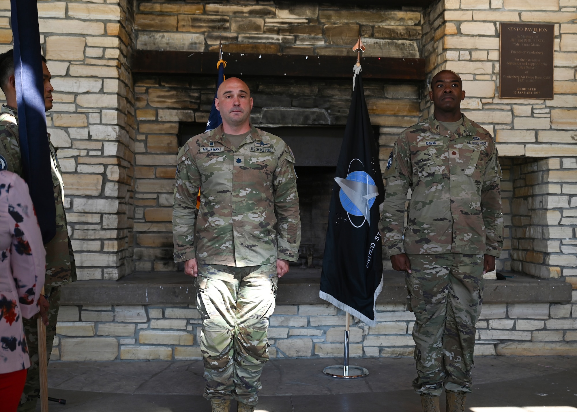 U.S. Space Force Lt. Col. Jacob Majewski, 65th Cyberspace Squadron commander left, stands at attention with U.S. Space Force Maj. Torius Davis, incoming Delta 6, Detachment 4 commander, during the DEL 6 DET 4 activation ceremony at Vandenberg Space Force Base, Calif., May 29, 2024. Delta 6, Detachment 4 was activated to replace the former 65th Cyberspace Squadron at VSFB.