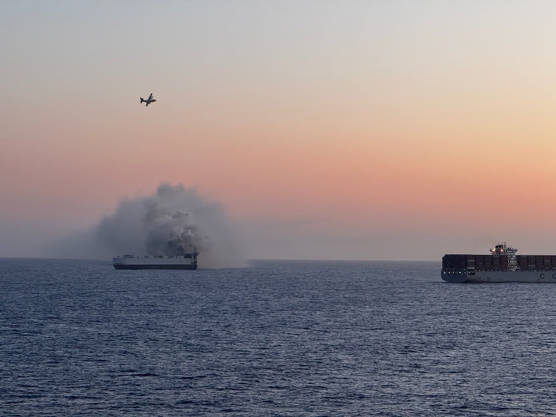 A Coast Guard C-130J Super Hercules aircrew from Air Station Kodiak conducts an overflight of a fire aboard the cargo vessel Morning Midas approximately 300 miles south of Adak, Alaska, June 3, 2025.