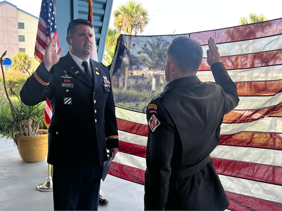 U.S. Army Corps of Engineers Jacksonville District celebrates the promotion of 1st Lt. Peyton Pisacane to the rank of Army Captain in a ceremony officiated by U.S. Army Maj. Matthew Westcott, deputy commander for the U.S. Army Corps of Engineers, Jacksonville District at the Seaglass Club on Naval Air Station Mayport.