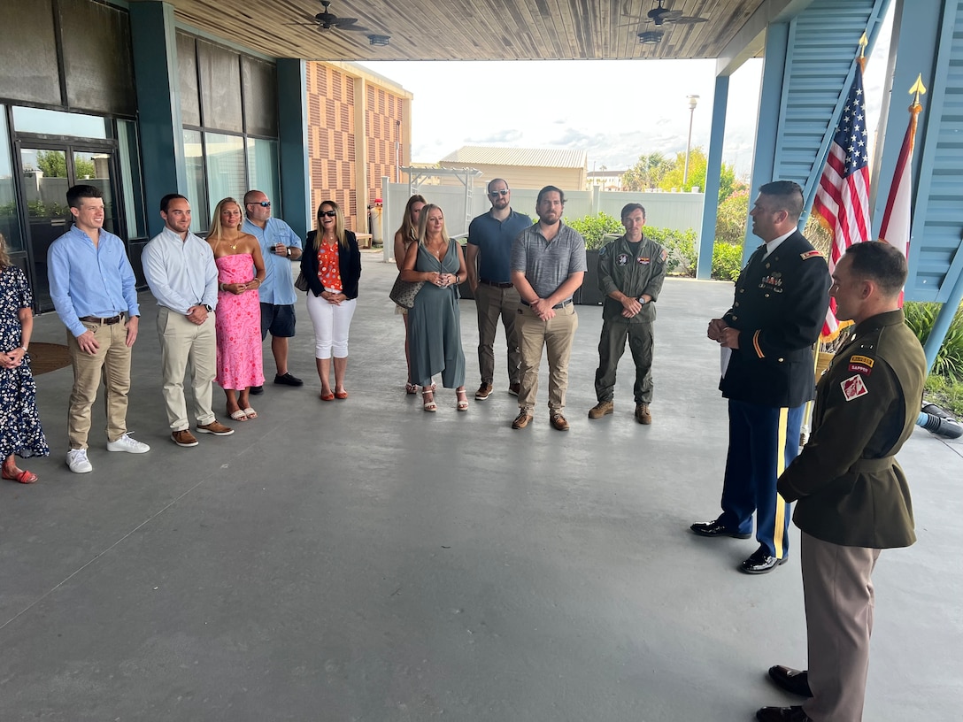 U.S. Army Corps of Engineers Jacksonville District celebrates the promotion of 1st Lt. Peyton Pisacane to the rank of Army Captain in a ceremony officiated by U.S. Army Maj. Matthew Westcott, deputy commander for the U.S. Army Corps of Engineers, Jacksonville District at the Seaglass Club on Naval Air Station Mayport.