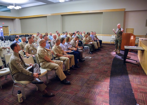 Senior Enlisted Advisor to the Chairman (SEAC) U.S. Marine Corps Sgt. Maj. Troy E. Black delivers opening remarks to U.S., partner, and allied senior noncommissioned officers and petty officers during the KEYSTONE class’s visit to the Pentagon in Arlington, Virginia, June 3, 2025. KEYSTONE is the world’s premiere Enlisted Joint Professional Military Education course for service members selected to advise general and flag officers taught by the National Defense University. (U.S. Air Force photo by Tech. Sgt. Brycen Guerrero)