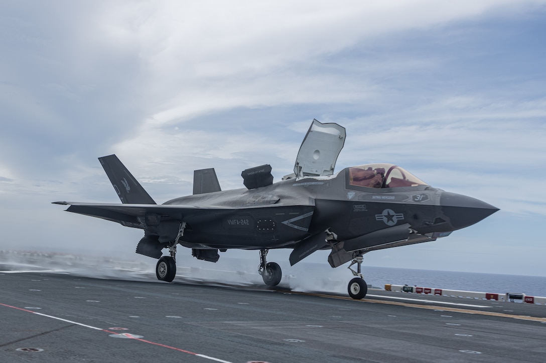 U.S. Marine Corps F-35B Lightning II aircraft assigned to Marine Fighter Attack Squadron (VMFA) 242, 31st Marine Expeditionary Unit, take off during flight operations aboard the amphibious assault ship USS America (LHA 6), in the Philippine Sea, June 2, 2025. Marine F-35Bs bring a 5th generation multi-discipline strike capability to support combined-joint all domain operations in key maritime terrain. The 31st MEU is operating aboard ships of the USS America Amphibious Ready Group in the 7th Fleet area of operations, the U.S. Navy’s largest forward-deployed numbered fleet, and routinely interacts and operates with allies and partners in preserving a free and open Indo-Pacific region. (U.S. Marine Corps photo by Lance Cpl. Victor Gurrola)