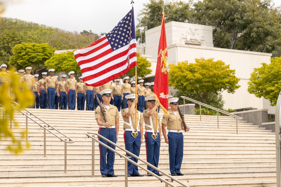 U.S. Marines with U.S. Marine Corps Forces, Pacific present the colors during the Australian and New Zealand Army Corps Day Ceremony at the National Memorial Cemetery of the Pacific, Honolulu, Hawaii, April 25, 2025. ANZAC Day commemorates the sacrifices made by all Australians and New Zealanders who have served in all wars, conflict and peacekeeping missions around the world. This date marks the 110th anniversary of the first major military action fought by Australia and New Zealand during World War I on the Gallipoli Peninsula in Turkey. This is the 53rd year MARFORPAC has provided support to ANZAC Day in Honolulu. (U.S. Marine Corps photo by Lance Cpl. Blake Gonter)