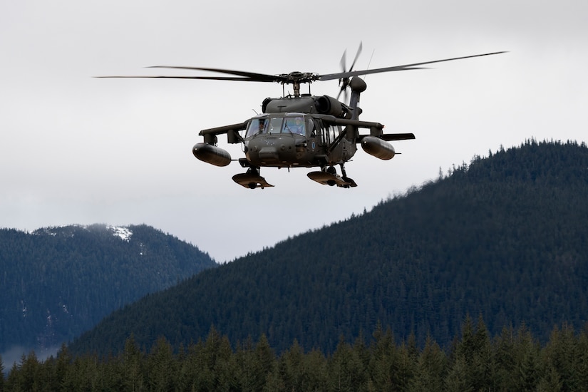 An Alaska Army National Guard UH-60L Black Hawk helicopter assigned to A Company, 1-168th General Support Aviation Battalion conducts flight operations over Southeast Alaska near Juneau, Jan. 24, 2025.
