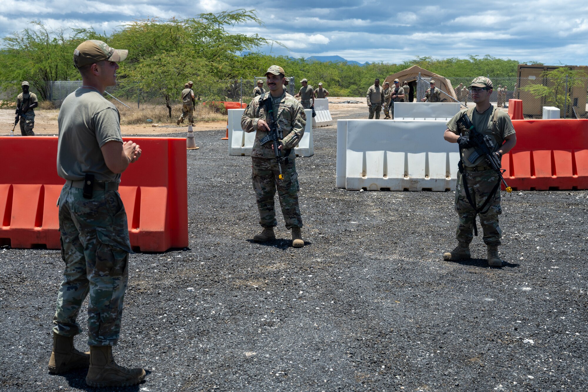 U.S. Air Force civil engineer Airman practice base defense procedures during an exercise.