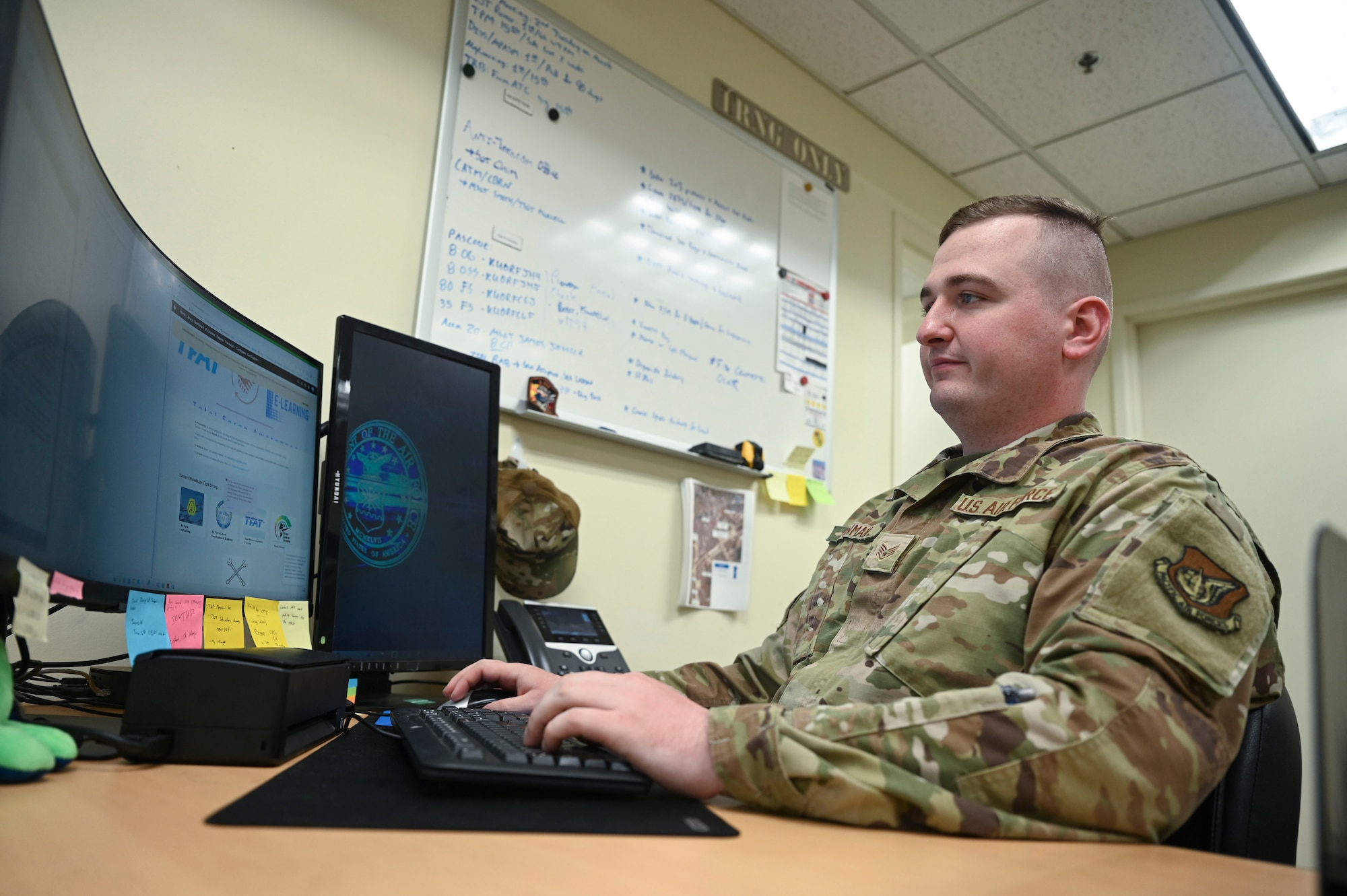 Staff Sgt. Shemuel Bowman, 8th Operations Group group training manager, reviews training records at Kunsan Air Base, Republic of Korea, June 5, 2025. Bowman was awarded the 8th FW’s ‘Pride of the Pack’ for the week of June 2–6, 2025 for his dedication to the Wolf Pack mission.