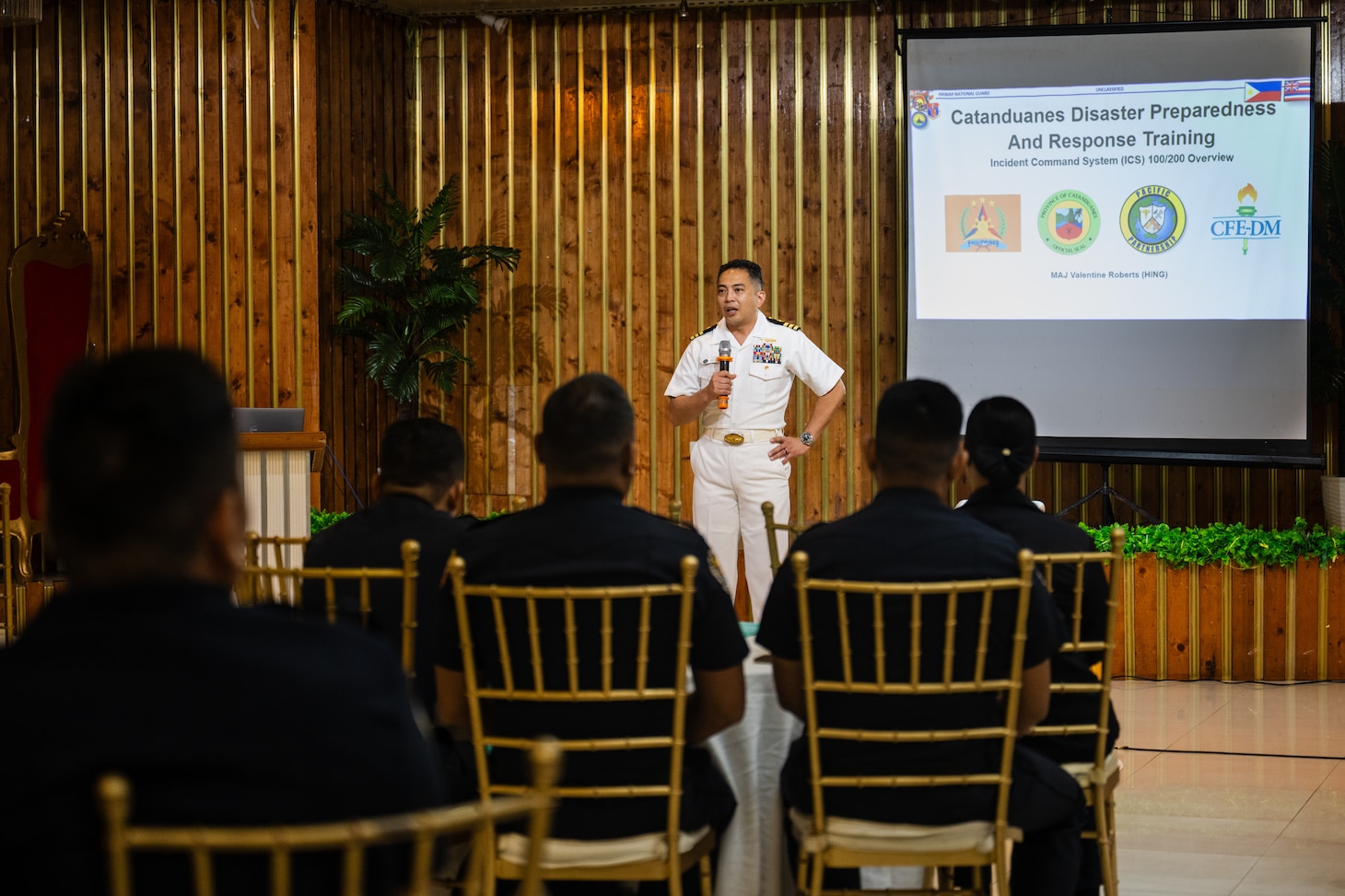 VIRAC, Philippines (June 2, 2025) – U.S. Navy Cmdr. Robert Reyes, gives opening remarks to Armed Forces of the Philippines personnel, local emergency responders, and civilian authorities before an Incident Command Systems training in Virac, Philippines, June 2, 2025. This effort is part of a two-week urban rescue training exercise supporting the humanitarian assistance and disaster response objectives of Pacific Partnership 2025. Now in its 21st iteration, Pacific Partnership series is the largest annual multinational humanitarian assistance and disaster management preparedness mission conducted in the Indo-Pacific. Pacific Partnership works collaboratively with host and partner nations to enhance regional interoperability and disaster response capabilities, increase security and stability in the region, and foster new and enduring friendships in the Indo-Pacific. (U.S. Navy photo by Mass Communication Specialist 2nd Class Jordan Jennings)