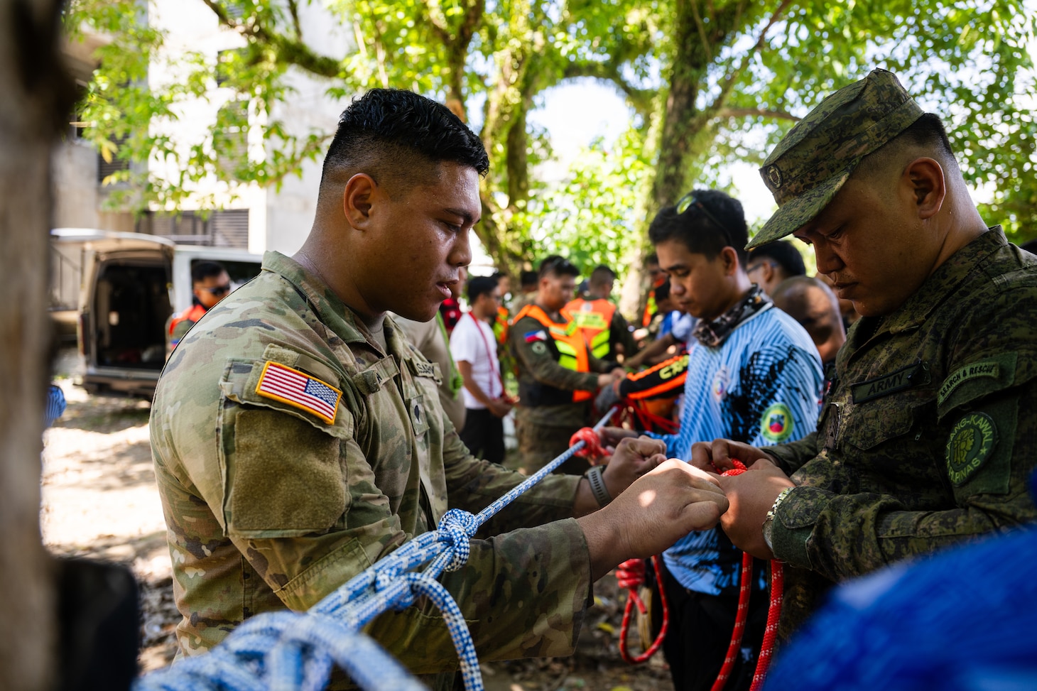 VIRAC, Philippines (June 2, 2025) – Hawaii National Guard Spc. Jayeson Laga, instructs Armed Forces of the Philippines personnel, local emergency responders, and civilian authorities how to tie different knots to perform urban rescue operations in Virac, Philippines, June 2, 2025. This effort is part of a two-week urban rescue training exercise supporting the humanitarian assistance and disaster response objectives of Pacific Partnership 2025. Now in its 21st iteration, Pacific Partnership series is the largest annual multinational humanitarian assistance and disaster management preparedness mission conducted in the Indo-Pacific. Pacific Partnership works collaboratively with host and partner nations to enhance regional interoperability and disaster response capabilities, increase security and stability in the region, and foster new and enduring friendships in the Indo-Pacific. (U.S. Navy photo by Mass Communication Specialist 2nd Class Jordan Jennings)