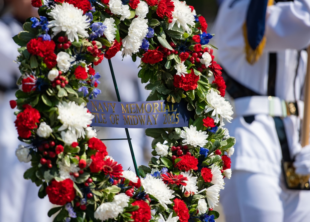 WASHINGTON (June 4, 2025) Naval District Washington commemorated the 83rd anniversary of the Battle of Midway with a wreath-laying ceremony at the U.S. Navy Memorial. The Battle of Midway, fought over and near Midway Atoll—approximately 1,500 nautical miles northwest of Hawaii—marked a pivotal turning point and the strategic high water mark of the Pacific War. (U.S. Navy photo by Mass Communication Specialist 1st Class Griffin Kersting)