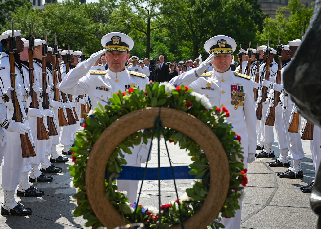 WASHINGTON (June 4, 2025) Naval District Washington commemorated the 83rd anniversary of the Battle of Midway with a wreath-laying ceremony at the U.S. Navy Memorial. The Battle of Midway, fought over and near Midway Atoll—approximately 1,500 nautical miles northwest of Hawaii—marked a pivotal turning point and the strategic high water mark of the Pacific War. (U.S. Navy photo by Mass Communication Specialist 1st Class Griffin Kersting)