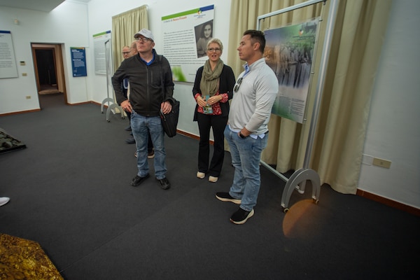 (Right to Left) Lt. Col. Neal Harvey, commander of the 545th Brigade Engineer Battalion, 45th Infantry Brigade Combat Team, a local interpreter, and Lt. Col. Luke Kimbrel, commander of the 1st Battalion, 279th Infantry Regiment, 45th IBCT, tour a former concentration camp that was liberated by the 45th Infantry Division in September 1943, that now serves as a museum that tells the story of the camp’s former prisoners and the millions of people killed during the Holocaust, in Campagna, Italy, May 5. (Oklahoma National Guard photo by Staff Sgt. Anthony Jones)