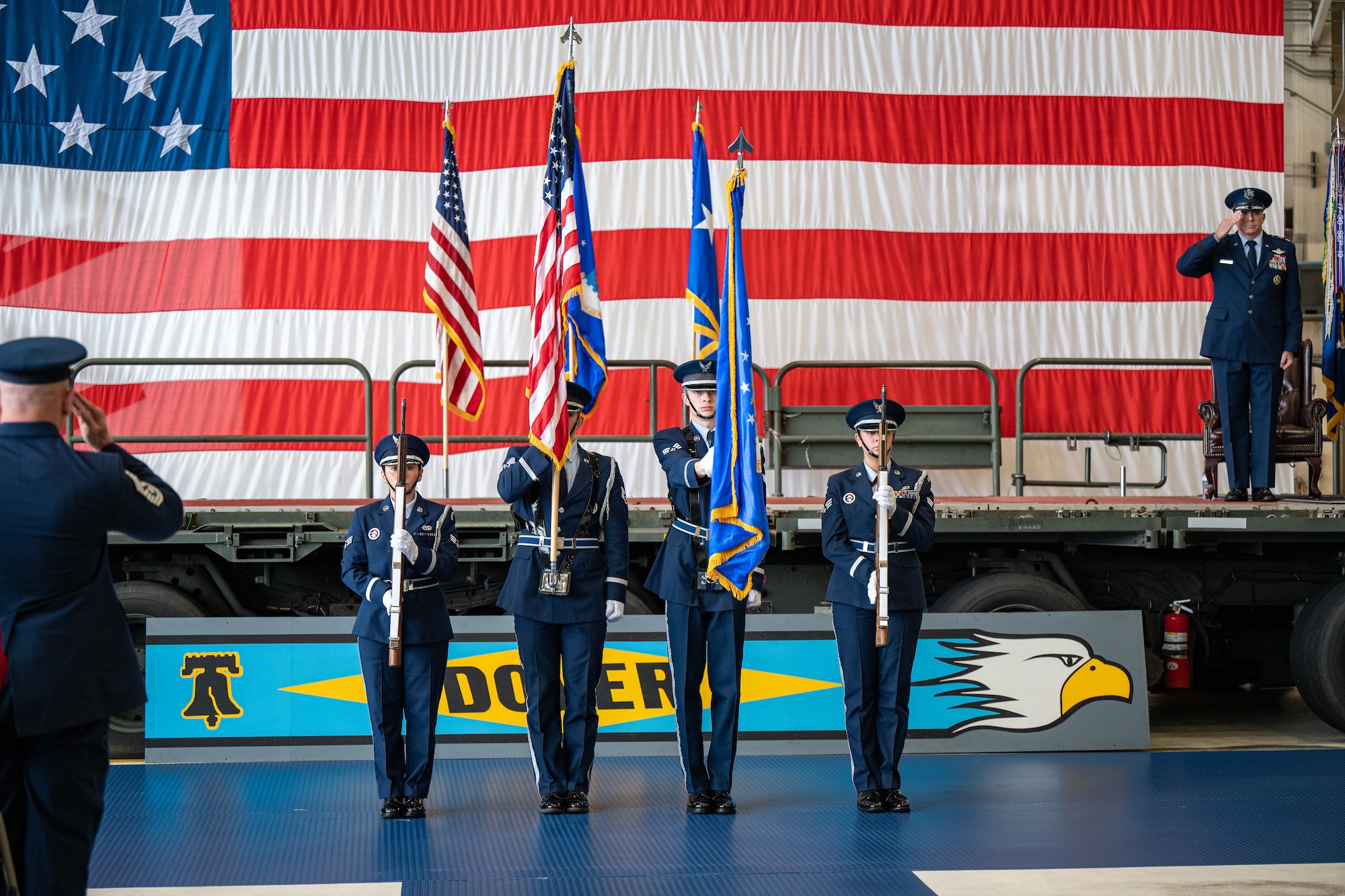 The Dover Air Force Base Honor Guard presents the colors during the 436th Airlift Wing change of command ceremony on Dover AFB, Delaware, May 30, 2025. Upon taking command, Col. Jamil Musa became the wing’s 38th commander. (U.S. Air Force photo by Senior Airman Trenten Walters)