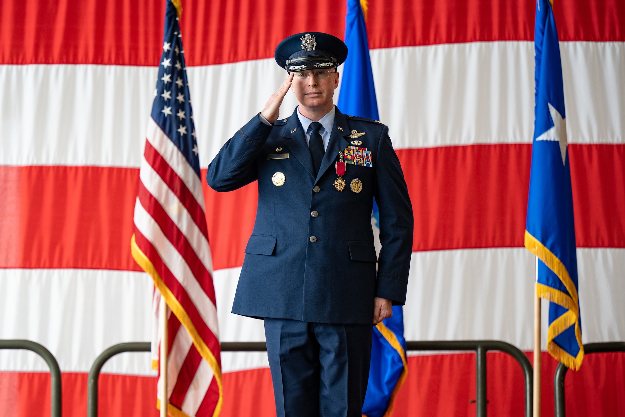 U.S. Air Force Col. William ‘Chris’ McDonald, 436th Airlift Wing outgoing commander, renders a final salute during the 436th AW change of command ceremony on Dover Air Force Base, Delaware, May 30, 2025. McDonald relinquished command in a ceremony attended by friends, family, Team Dover members, local civic leaders and distinguished visitors.  (U.S. Air Force photo by Senior Airman Trenten Walters)