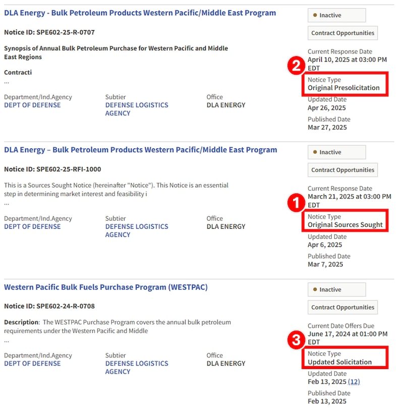 Screenshot of SAM.gov listing of solicitations, highlighting different types of Notice Types that can be viewed
