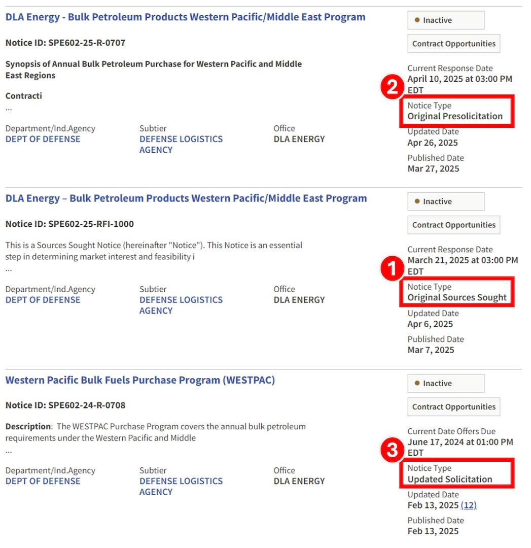 Screenshot of SAM.gov listing of solicitations, highlighting different types of Notice Types that can be viewed