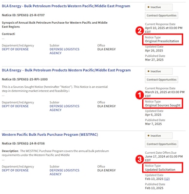 Screenshot of SAM.gov listing of solicitations, highlighting different types of Notice Types that can be viewed
