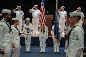 U.S. Navy Lt. Cmdr. Joshua D. Baker relieved Lt. Cmdr. Stephen A. Ray as commanding officer of the Avenger-class mine countermeasures ship USS Sentry (MCM 3) during a change-of-command ceremony in Manama, Bahrain.
