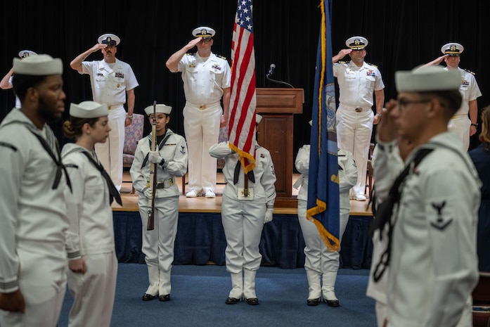 U.S. Navy Lt. Cmdr. Joshua D. Baker relieved Lt. Cmdr. Stephen A. Ray as commanding officer of the Avenger-class mine countermeasures ship USS Sentry (MCM 3) during a change-of-command ceremony in Manama, Bahrain.