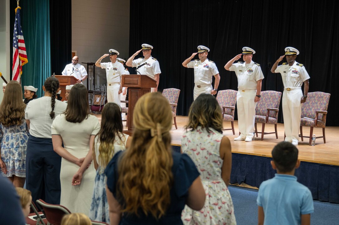 U.S. Navy Lt. Cmdr. Joshua D. Baker relieved Lt. Cmdr. Stephen A. Ray as commanding officer of the Avenger-class mine countermeasures ship USS Sentry (MCM 3) during a change-of-command ceremony in Manama, Bahrain.