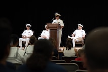 U.S. Navy Capt. Luis A. Gonzalez, commodore of Commander, Naval Surface Group Central, presides over a change-of-command ceremony for the Avenger-class mine countermeasures ship USS Sentry (MCM 3) in Manama, Bahrain.