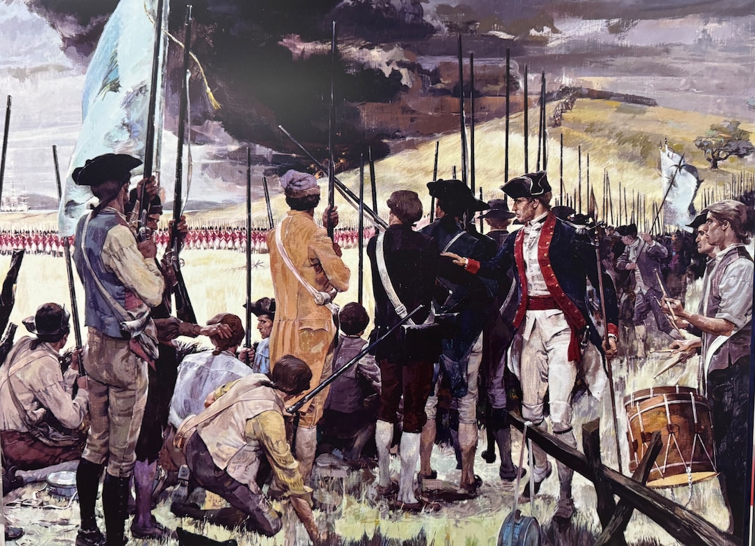 A battle painting of American soldiers wearing various uniforms carrying muskets, drums and flags, standing and sitting on a ridge of a hill.