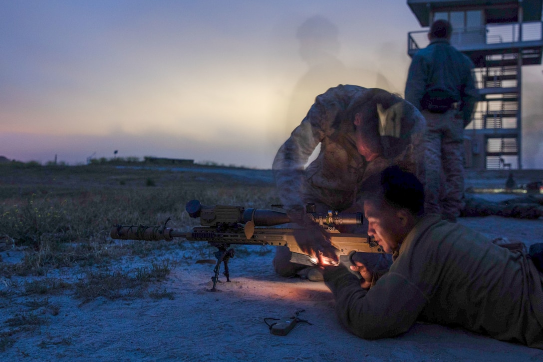 U.S. Marines with 1st Reconnaissance Battalion, 1st Marine Division, fire a Mk22 Mod 0 advanced sniper rifle during live-fire training as part of an annual bilateral reconnaissance exchange with members of the Indonesian Korps Marinir at Marine Corps Base Camp Pendleton, California, May 28, 2025. This exchange strengthens relationships and enhances the capabilities and interoperability between the U.S. and Indonesian reconnaissance forces. (U.S. Marine Corps photo by Lance Cpl. Andrew Whistler)
