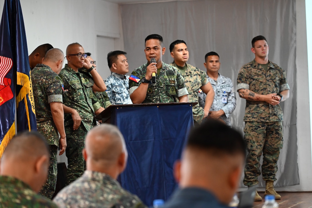 A Philippine Marine shares his experience with the audience during a Senior Enlisted Symposium for KAMANDAG 9 at Fort Bonifacio, Manila, Philippines, May 30, 2025. The Senior Enlisted Symposium allowed service members from the Philippines, U.S., Republic of Korea, Japan, and Australia to share their insight and experience as senior enlisted leaders to overcome common challenges. KAMANDAG is an annual Philippine Marine Corps and U.S. Marine Corps-led exercise aimed at enhancing the Armed Forces of the Philippines’ defense and humanitarian capabilities by providing valuable training in combined operations with foreign militaries in the advancement of a Free and Open Indo-Pacific. MRF-D is an annual six-month rotational deployment to enhance interoperability with the Australian Defence Force and allies and partners and provide a forward-postured crisis response force in the Indo-Pacific. (U.S. Marine Corps photo by Capt. John Fischer)