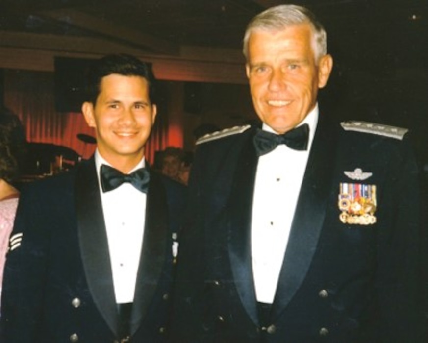 David Pelino, 97th Comptroller Squadron unit program coordinator, left, poses with Gen. Robert E. Russ, Tactical Air Command commander, after being awarded 1988 1st TFW Outstanding NCO of the Year at Langley Air Force Base, Virginia, in 1988. Pelino joined the U.S. Air Force in 1984. (Courtesy photo)