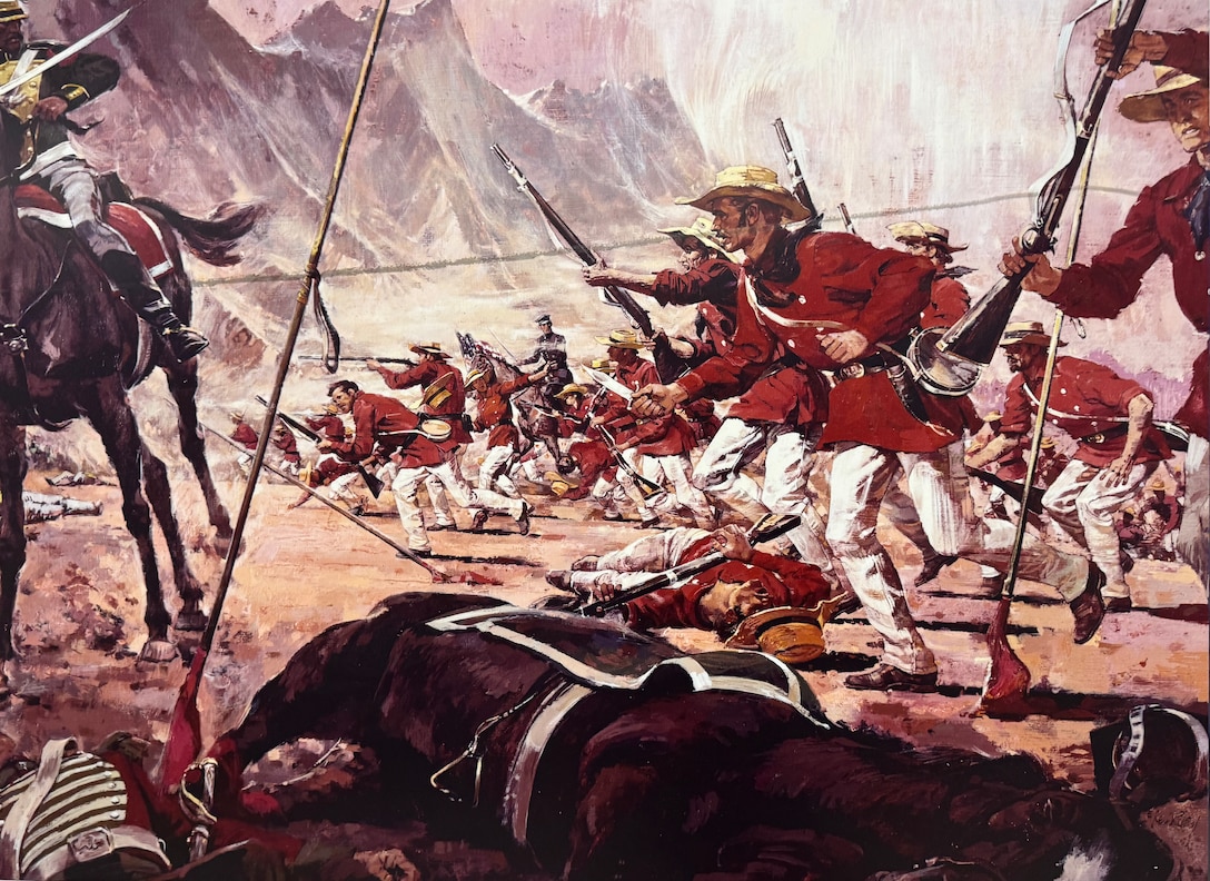 A battle painting displaying dozens of men in red and white uniforms running with weapons and knives toward a Mexican soldier in a green uniform on a horse.
