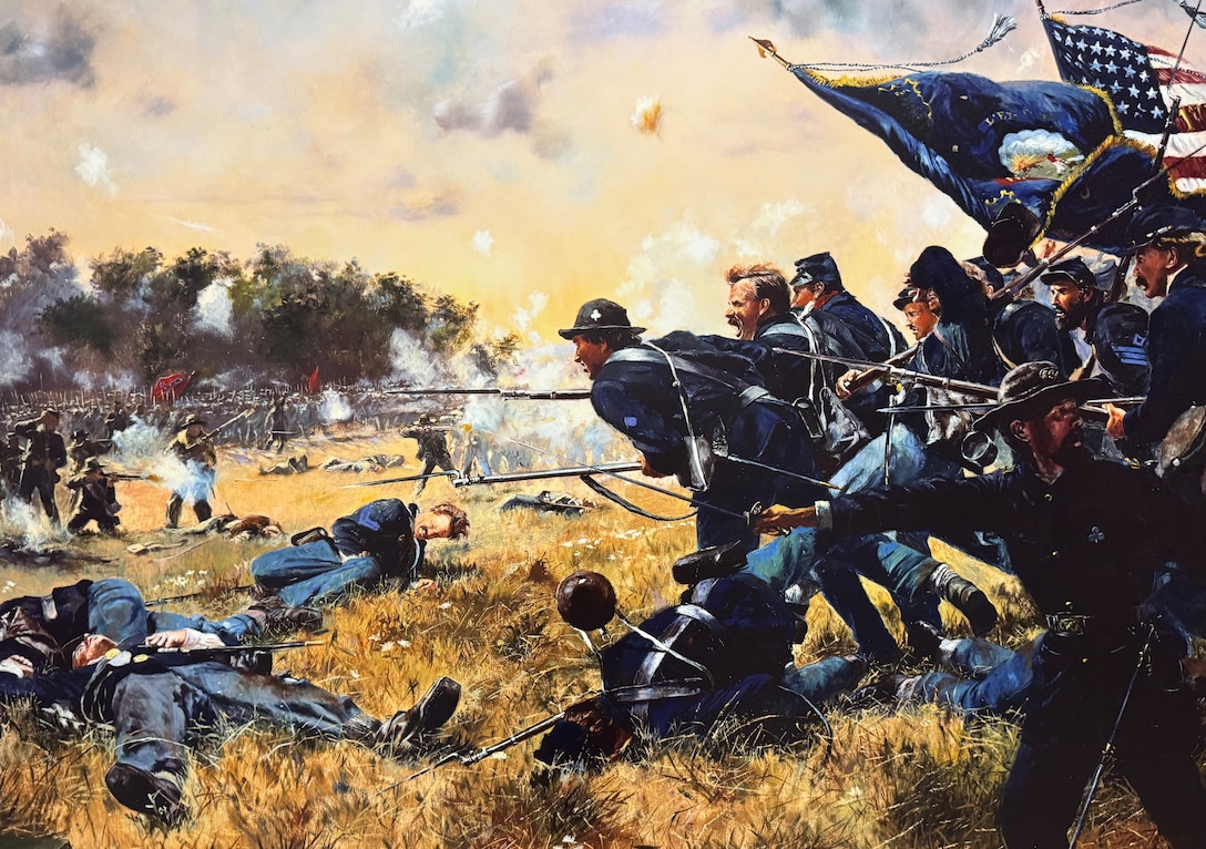 A battle painting shows soldiers rushing into battle with their bayonets pointed toward the enemy.