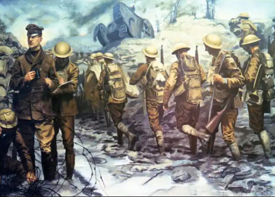 A battle painting of a man in uniform carrying a pair of binoculars behind barbed wire. Soldiers in uniform walk down a road.