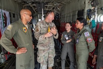 U.S. Air Force airmen assigned with the 129th Rescue Wing, California Air National Guard, and Philippine Air Force airmen conduct a static tour of the HC-130J during Exercise Balikatan '25, Cebu City, Philippines, Apr. 29, 2025.