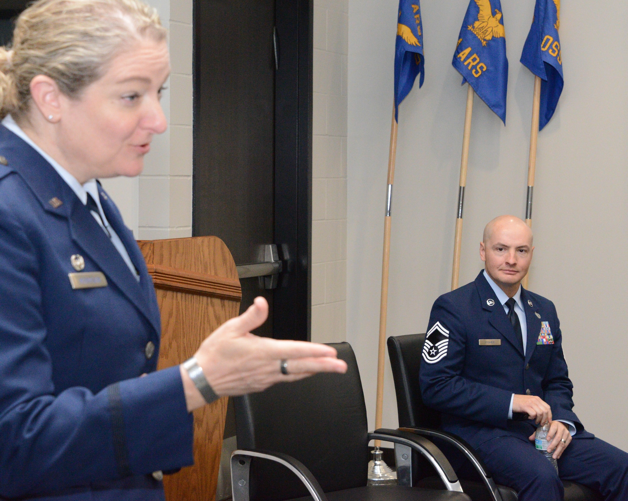 U.S. Air National Guard Col. Sonya Morrison, 185th Air Refueling Wing Commander, speaks