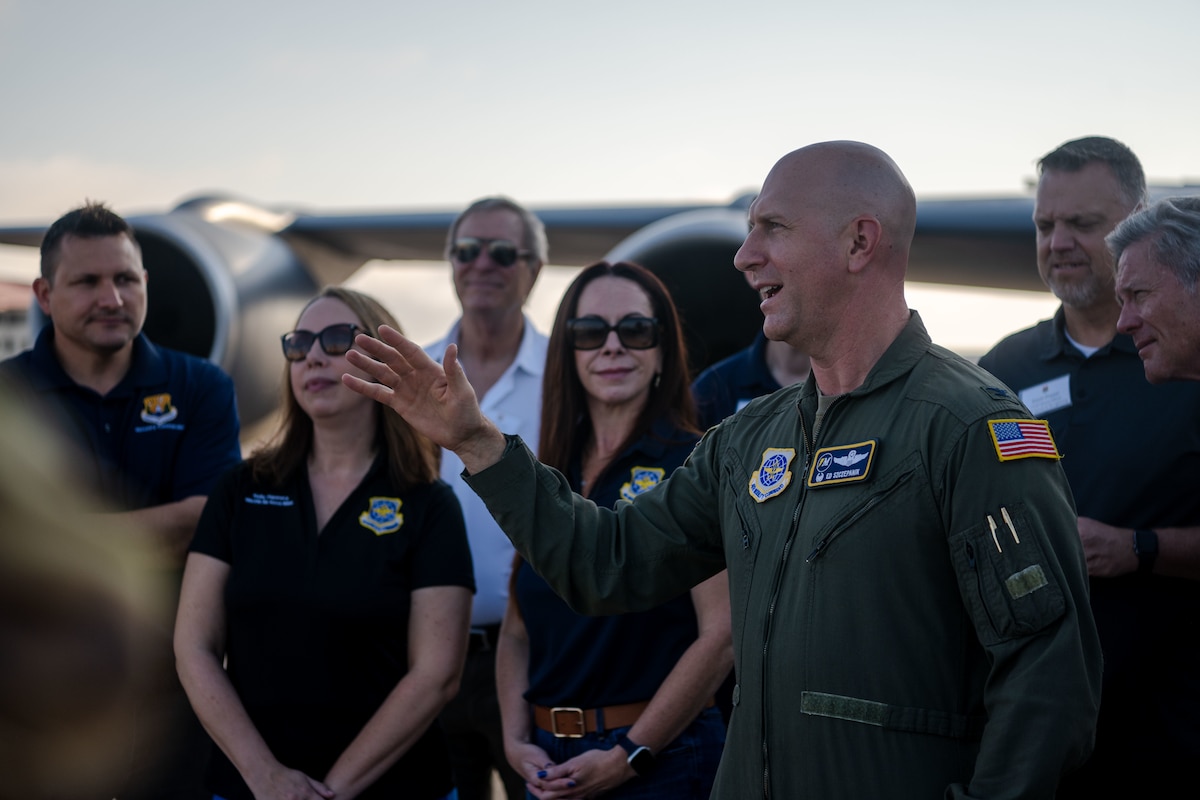 U.S. Air Force Col. Edward Szczepanik, 6th Air Refueling Wing commander, briefs mission details to civic leaders from the Tampa Bay metropolitan area at MacDill Air Force Base, Florida, May 21, 2025. The two-day-long tour brought 15 civic leaders to Hurlburt Field, Florida, and Joint Base Charleston, South Carolina, to better understand the role of wing interoperability in accomplishing Department of Defense initiatives. (U.S. Air Force photo by Senior Airman Zachary Foster)