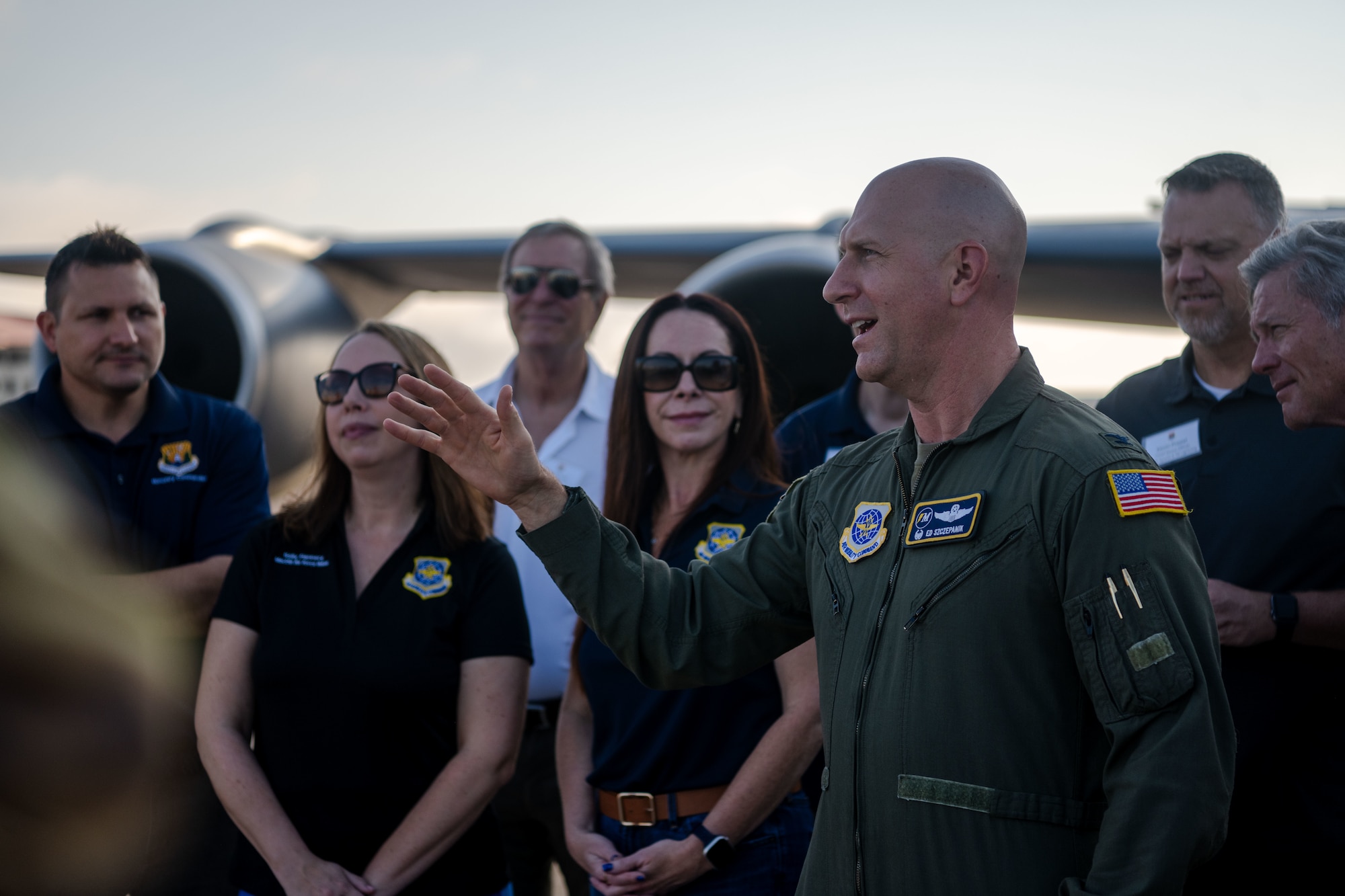 U.S. Air Force Col. Edward Szczepanik, 6th Air Refueling Wing commander, briefs mission details to civic leaders from the Tampa Bay metropolitan area at MacDill Air Force Base, Florida, May 21, 2025. The two-day-long tour brought 15 civic leaders to Hurlburt Field, Florida, and Joint Base Charleston, South Carolina, to better understand the role of wing interoperability in accomplishing Department of Defense initiatives. (U.S. Air Force photo by Senior Airman Zachary Foster)