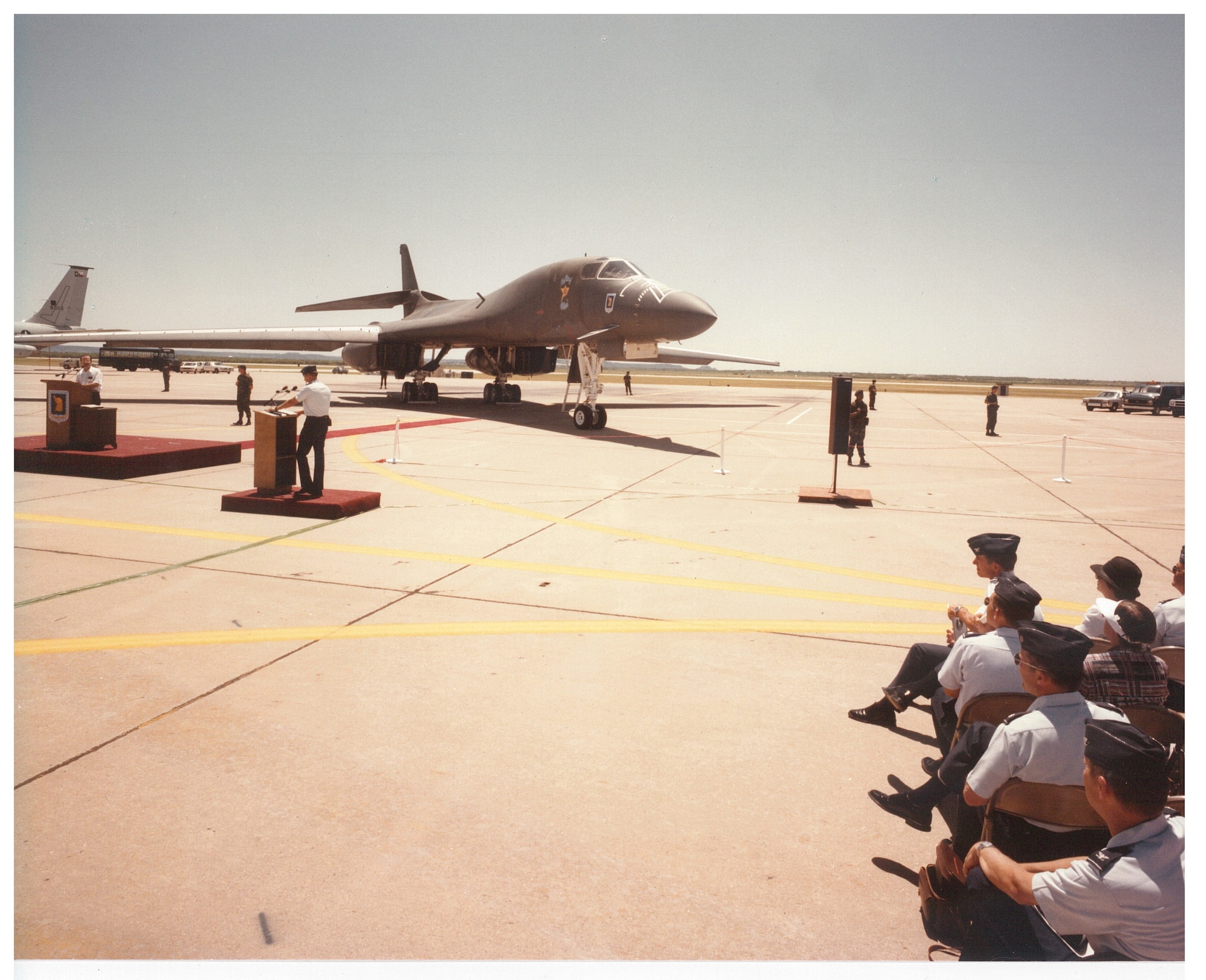 A photo a B-1B Lancer aircraft on arrival to Dyess Air Force Base, Texas.
