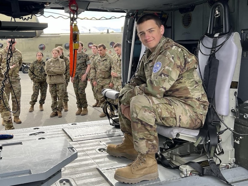 Junior ROTC cadets tour Ladd Army Airfield and receive hands-on introduction from Alaska Army Guard aviators to the HH-60M Black Hawk helicopter, learning about medevac missions, aircraft capabilities, and career paths in Army Guard aviation on Fort Wainwright, Alaska, May 29, 2025. The training was part of the JROTC Cadet Leadership Challenge camp, designed to develop leadership skills, teamwork, and military discipline among cadets.