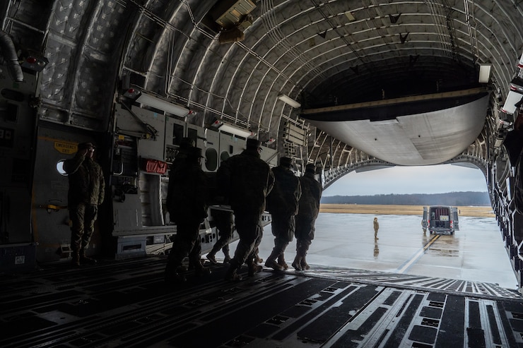 A U.S. Air Force carry team practices a carry during dignified training at Dover Air Force Base, Delaware, Jan. 26, 2024. 