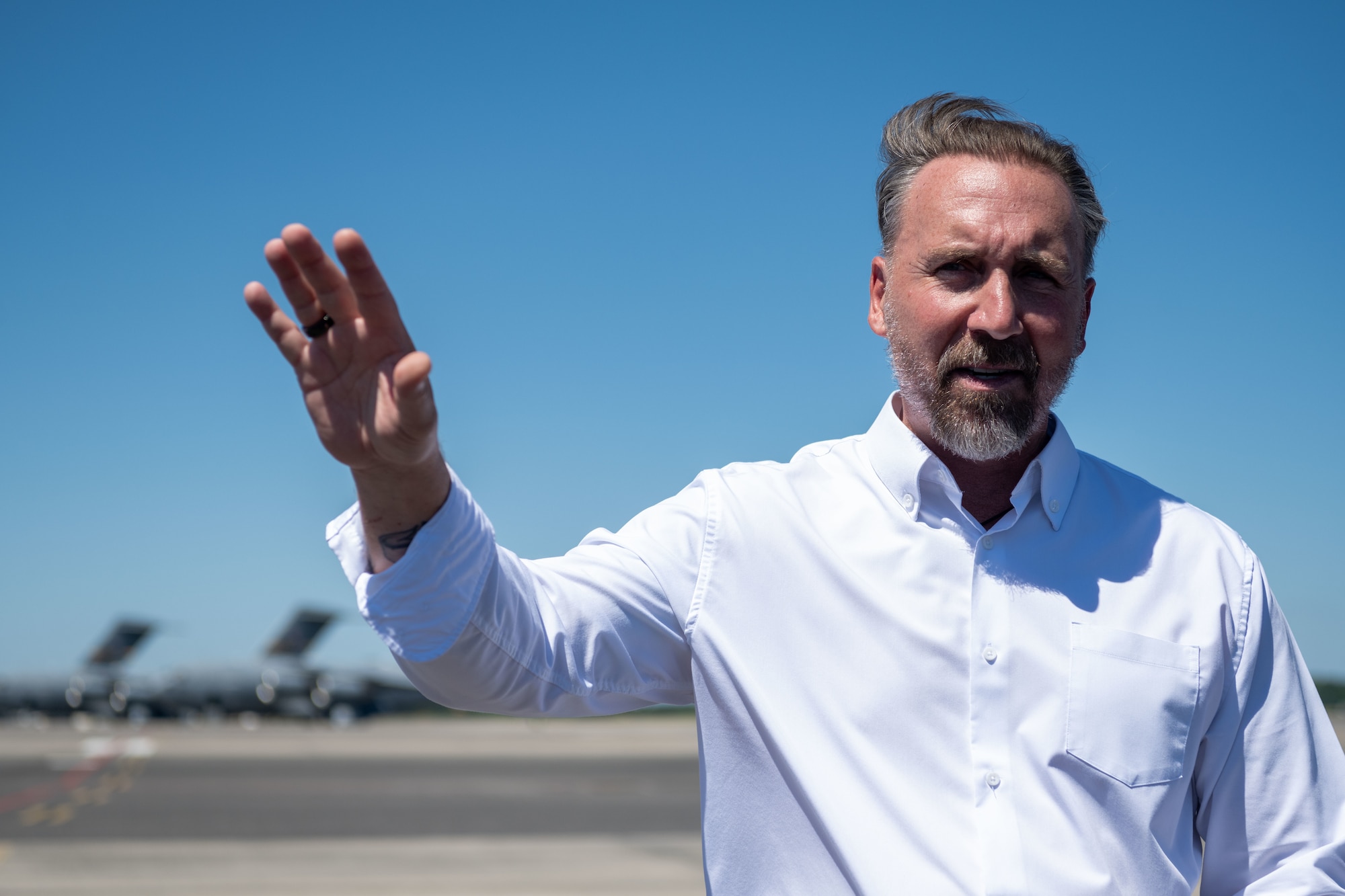 Ray Forcier, 628th Air Base Wing executive director, provides closing remarks to civic leaders from the Tampa and Charleston metropolitan areas during a tour of Joint Base Charleston, South Carolina, May 22, 2025. The tour served as an opportunity for both service members and civic leaders to build connections, share ideas and develop bonds in geographically separated partners. (U.S. Air Force photo by Senior Airman Zachary Foster)