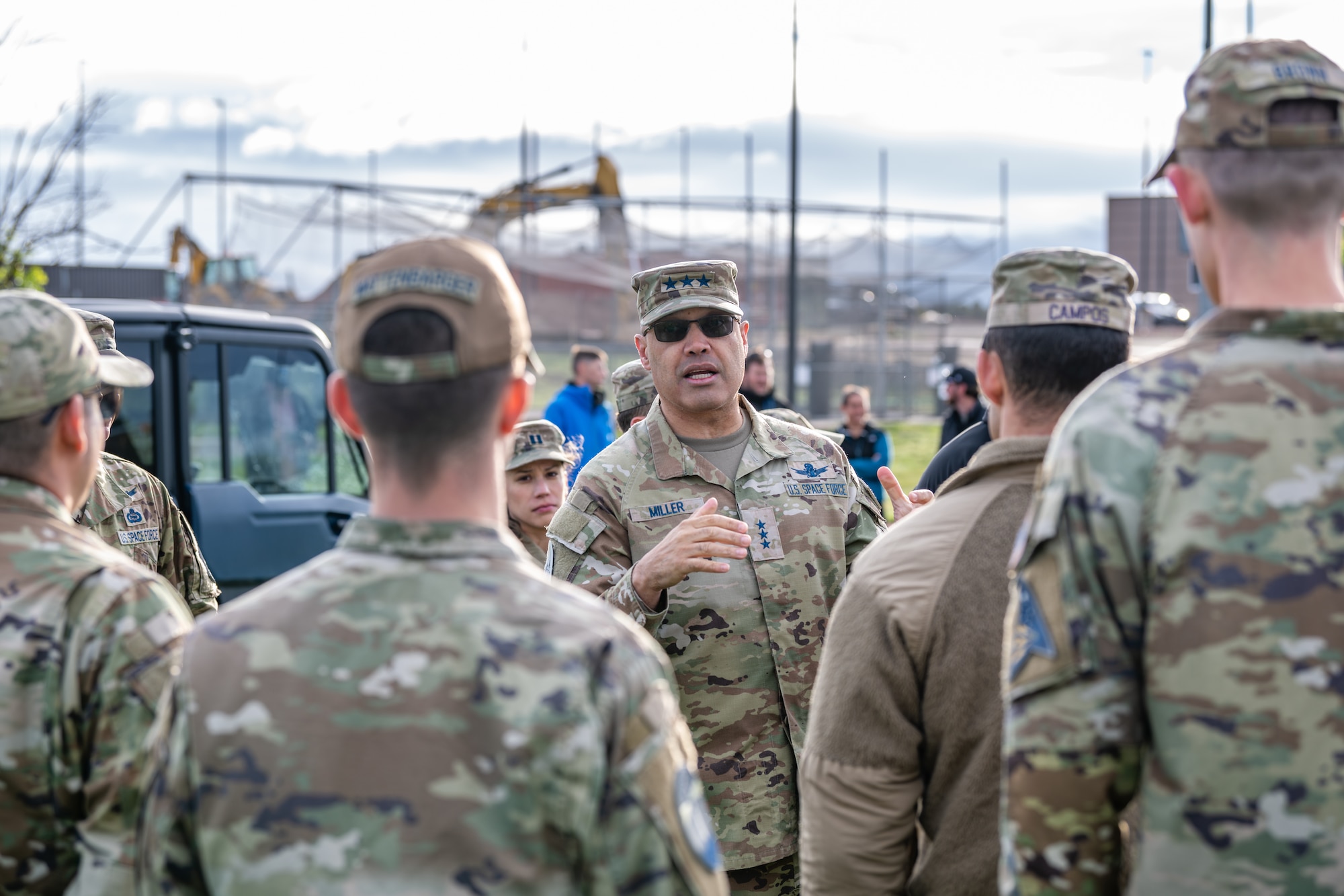 SCHRIEVER SPACE FORCE BASE,  Colo. -- U.S. Space Force Lt. Gen. David M. Miller, Commander of Space Operations Command, addresses SPOC Top Guardian participants at the start of the competition at Schriever Space Force Base, Colorado on June 3, 2023. Spoc Top Guardian featured multiple tactical and physical waystations to test Guardian's mental and physical prowess. (U.S. Space Force Photo by Dalton Prejeant)
