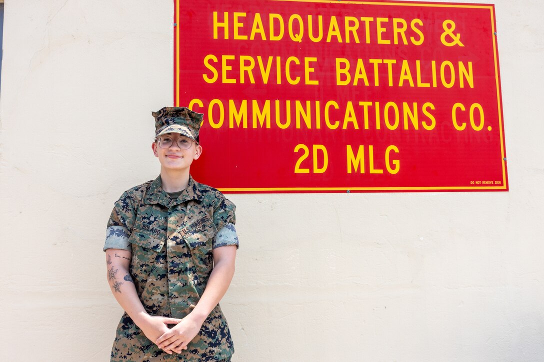 U.S. Marine Corps Lance Cpl. Emma Bolado, a network administrator with Communications Company, Headquarters and Service Battalion, 2nd Marine Logistics Group, and a native of Montgomery, Pennsylvania, poses for a photo as the 2nd MLG Warrior of the Week at Marine Corps Base Camp Lejeune, North Carolina, June 2, 2025. Bolado’s command selected her as the warrior of the week due to her instrumental work fulfilling pre-deployment requirements for exercise Native Fury. Bolado invested countless hours ensuring network systems maintain constant connectivity while troubleshooting potential areas of concern to strengthen command and control capabilities for the battalion. Each Week, 2nd MLG recognizes one outstanding Marine or Sailor that goes above and beyond in their duties and embodies the qualities of an outstanding service member. (U.S. Marine Corps photo by Cpl. Apollo Wilson)