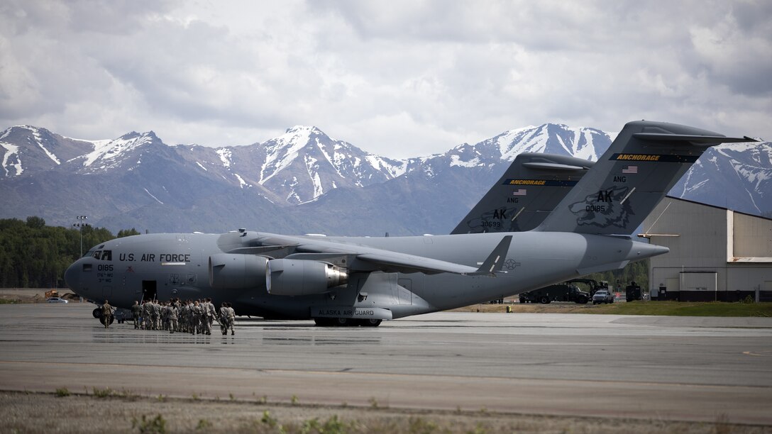 Junior Reserve Officer Training Corps cadets from Dimond, Bartlett, Service, East, Colony and the Bethel Regional high schools visit with members of the Alaska Air National Guard’s 176th Wing at Joint Base Elmendorf-Richardson, Alaska, May 28, 2025. The cadets’ visit was part of the Junior ROTC Cadet Leadership Challenge camp, designed to develop leadership skills, teamwork, and military discipline. During their tour the cadets interacted with 176th Wing Guardsmen and participated in familiarization flights aboard a C-17 Globemaster III and a HH-60G Pave Hawk helicopter.