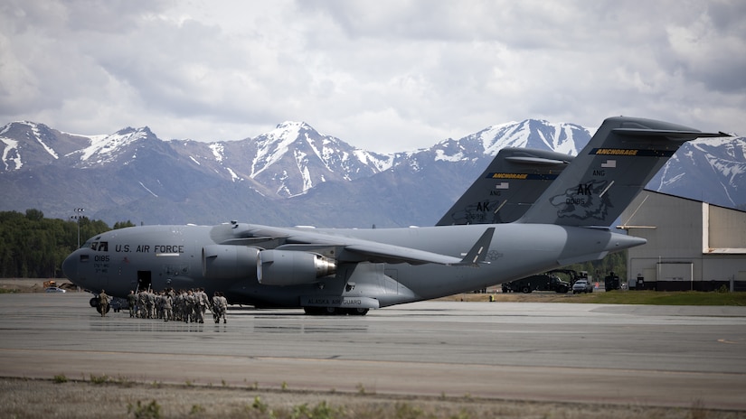 Junior Reserve Officer Training Corps cadets from Dimond, Bartlett, Service, East, Colony and the Bethel Regional high schools visit with members of the Alaska Air National Guard’s 176th Wing at Joint Base Elmendorf-Richardson, Alaska, May 28, 2025. The cadets’ visit was part of the Junior ROTC Cadet Leadership Challenge camp, designed to develop leadership skills, teamwork, and military discipline. During their tour the cadets interacted with 176th Wing Guardsmen and participated in familiarization flights aboard a C-17 Globemaster III and a HH-60G Pave Hawk helicopter.