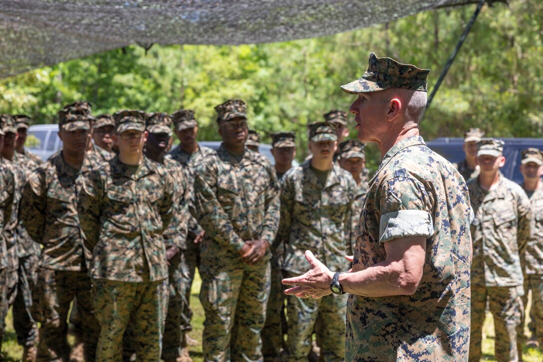 The 39th Commandant of the Marine Corps, Gen. Eric M. Smith, speaks to Marines and Sailors with 2nd Marine Logistics Group that participated in the Joint Unit Recovery Team Course 25.2 at Marine Corps Base Camp Lejeune, North Carolina, May 22, 2025. During his visit to Camp Lejeune, Gen. Smith visited the 2nd MLG Joint Unit Recovery Team Course, which was held to train regimental-level Unit Recovery Teams to rapidly employ fatality management in an austere environment. (U.S. Marine Corps photo by Lance Cpl. Isabella Ramos)