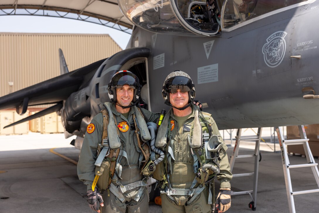 U.S. Marine Corps Lt. Col. John Cumbie, left, from Texas and the commanding officer of Marine Attack Squadron (VMA) 223 and Lt. Gen. Bradford Gering, from New York and the Deputy Commandant for Aviation, pose for a photo at Marine Corps Air Station Cherry Point, North Carolina, June 3, 2025. Gering visited 2nd Marine Aircraft Wing to facilitate conversations with key leaders in the Marine Corps' crisis-response aviation combat element. (U.S. Marine Corps photo by Cpl. Anakin Smith)