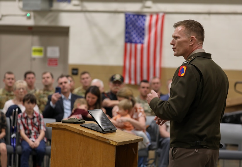 U.S. Army Col. Robbie Andersen delivers remarks during his promotion ceremony at the Lexington Armory, May 30, 2025.