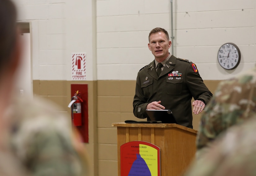U.S. Army Col. Robbie Andersen delivers remarks during his promotion ceremony at the Lexington Armory, May 30, 2025.