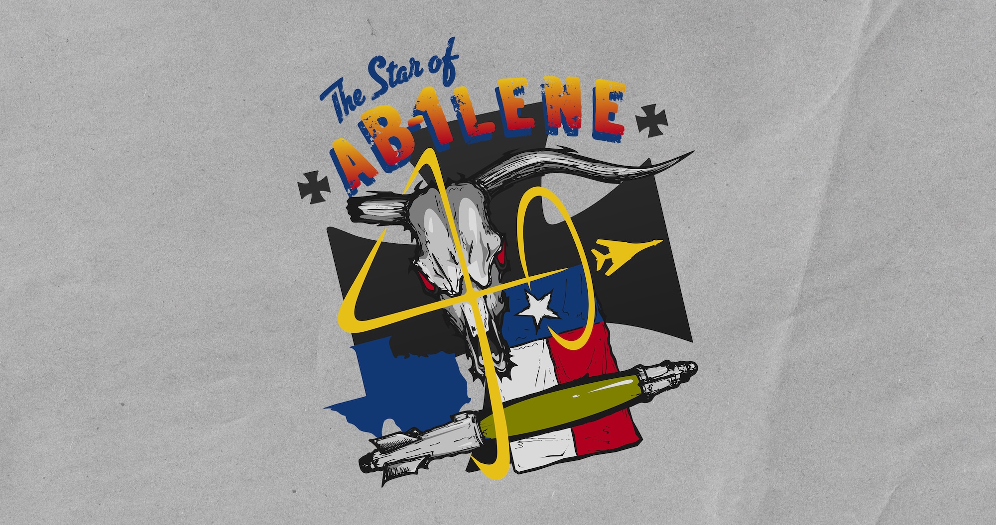 A longhorn skull sits above a vertical Texas flag and beside a silhouette of the state, referencing elements found in past B-1 nose art. Below the design is a Joint Direct Attack Munition bomb, representative of the B-1’s payload. “The Star of Abilene” appears above, referencing the first B-1 delivered to Dyess AFB. The red, white, blue, grey, and yellow color palette reflects the Texas flag, the aircraft’s metal, and the 7th Bomb Wing crest. Three black crosses in the background symbolize the 7th BW.